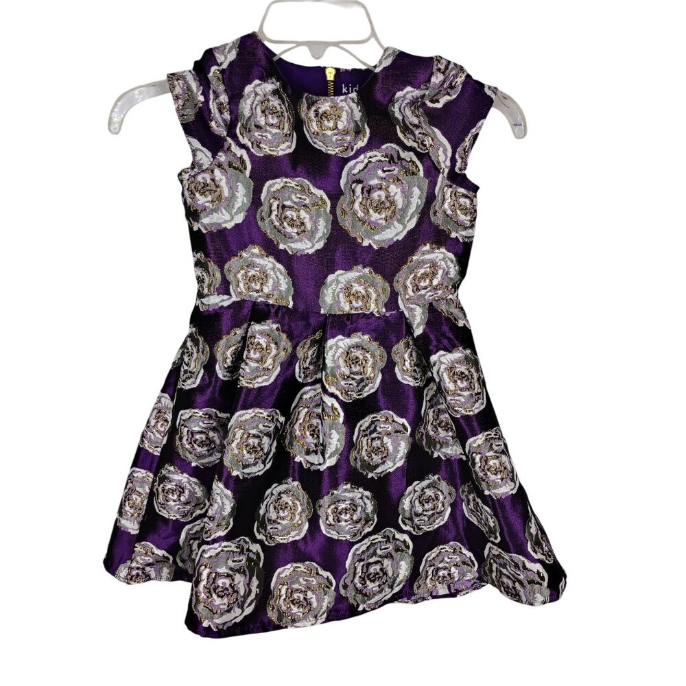 Kidpik Girls Purple Metallic Floral Brocade Party‎ Dress Size 7 Gold Zipper